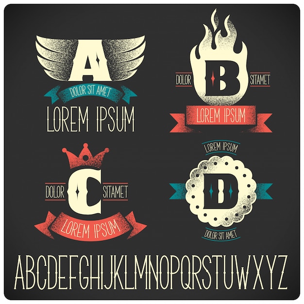 Plantillas de insignias vintage con conjunto de alfabeto