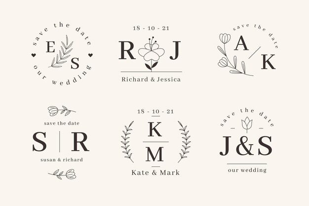 Plantillas de monogramas de boda planos lineales