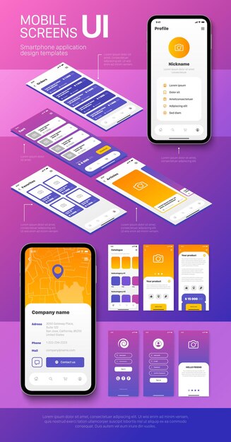 Plantillas de pantalla de teléfonos inteligentes de interfaces de usuario para aplicaciones móviles.