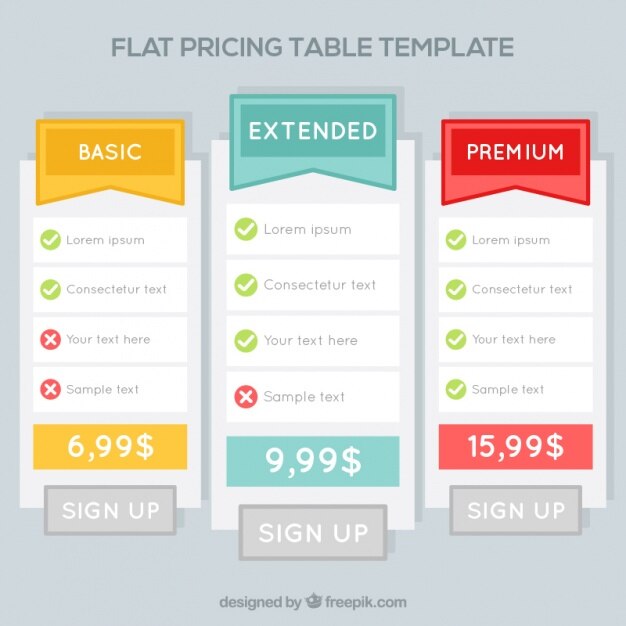 Plantillas de tablas de precios en diseño plano 