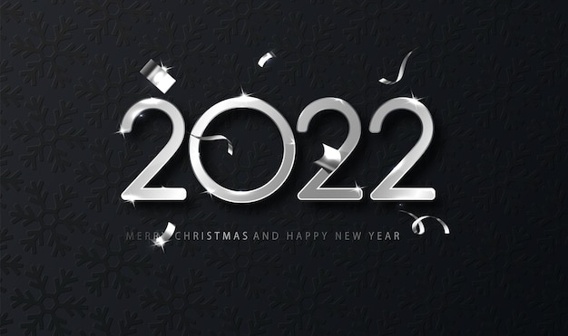 Plata 2022 Feliz año nuevo con confeti cayendo sobre fondo oscuro. Plantilla de vacaciones para tarjeta de diseño, banner