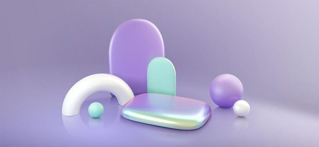 Plataforma 3D holográfica con figuras geométricas abstractas en el fondo Ilustración vectorial realista de semicírculo de esfera iridescente brillante Maqueta de podio futurista para demostración de productos de belleza