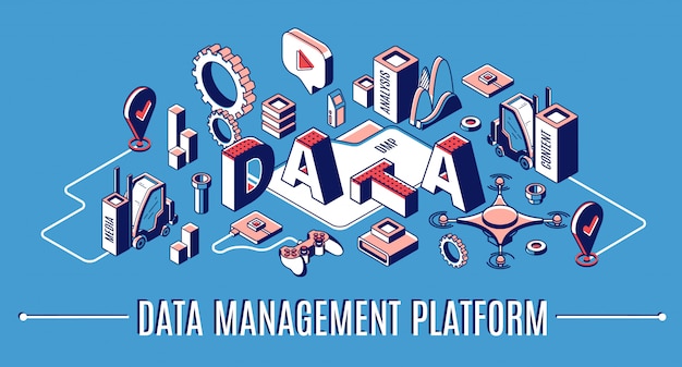 Plataforma de gestión de datos, banner infográfico isométrico dmp, estadísticas financieras de análisis de negocios