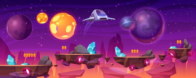 Plataforma de juego espacial, planeta alienígena de dibujos animados 2d gui