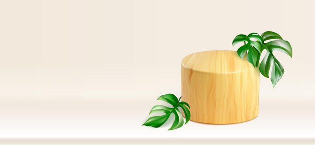 Plataforma de madera y hojas de monstera en beige