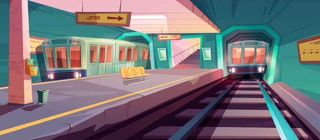 Plataforma de metro vacía con trenes que llegan