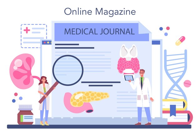 Plataforma o servicio endocrinólogo en línea Examen de la glándula tiroides El médico examina la hormona y la glucosa Revista en línea Ilustración de vector plano aislado