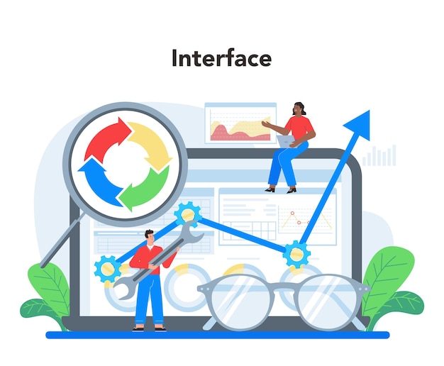 Plataforma o servicio en línea para analistas de sitios web Mejora de la página web para la promoción y optimización de negocios Interfaz de trabajo Ilustración plana aislada