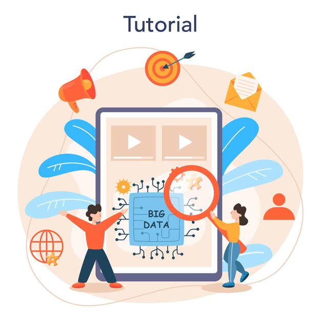 Plataforma o servicio en línea de big data Tecnología informática moderna Análisis de información digital de Internet Tutorial en línea Ilustración de vector plano aislado