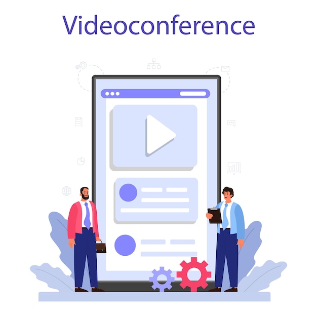 Plataforma o servicio en línea de consolidación de negocios personajes de office que trabajan juntos en colaboración videoconferencia en línea ilustración de vector plano