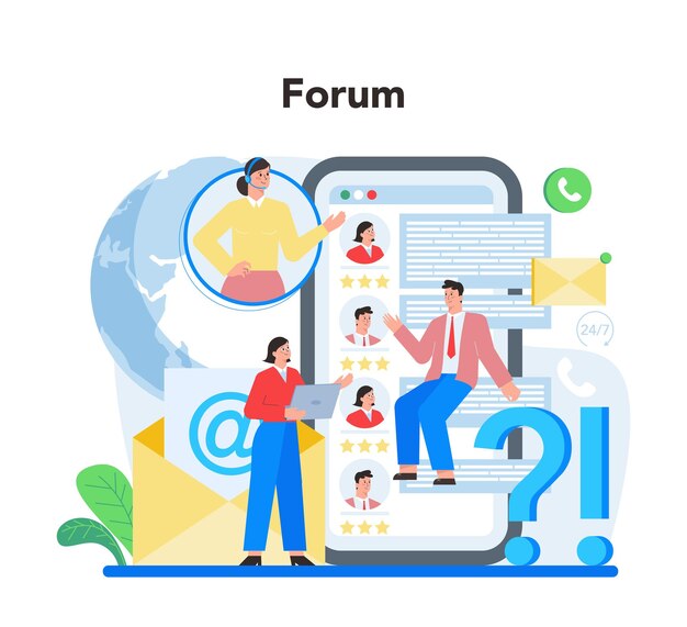 Plataforma o servicio en línea de consultoría profesional Recomendación de estrategia de ventas Ayudar a los clientes con problemas de negocios Foro en línea Ilustración de vector plano