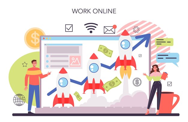 Plataforma o servicio en línea de crowdfunding Apoyo financiero de un nuevo proyecto empresarial Inversión en una puesta en marcha innovadora Trabajo en línea Ilustración vectorial plana