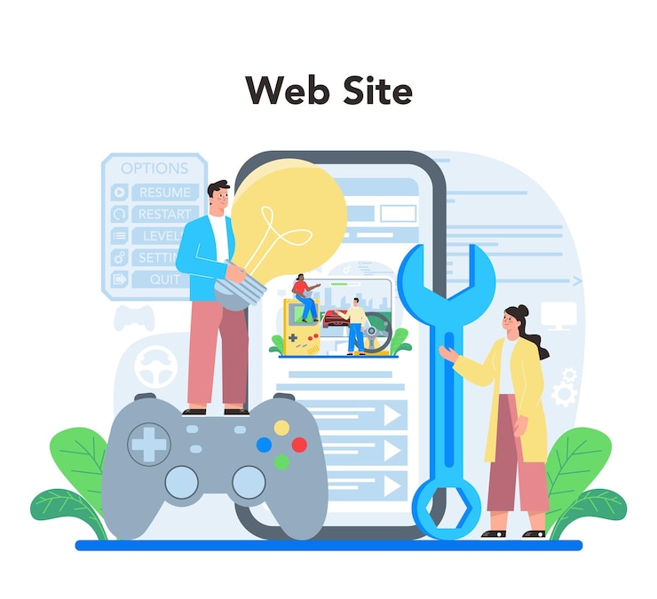 Vector gratuito plataforma o servicio en línea de desarrollo de juegos proceso creativo de un diseño de videojuegos de computadora tecnología digital sitio web ilustración vectorial plana