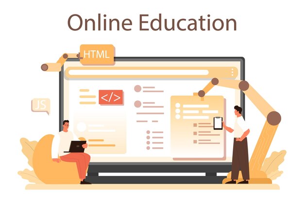 Plataforma o servicio en línea de desarrollo de sitios web Proceso de construcción y desarrollo Programación y codificación de páginas web Educación en línea Ilustración plana aislada