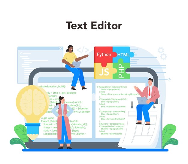 Plataforma o servicio en línea de desarrollo web Optimización de sitios web y diseño de interfaz de página web Sitio de codificación y prueba en Internet Editor de texto en línea Ilustración de vector plano aislado