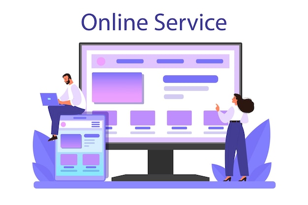 Plataforma o servicio en línea de diseño web receptivo Presentación de contenido adaptativo en diferentes páginas web Ilustración de vector plano