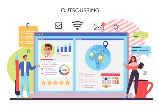 Plataforma o servicio en línea independiente o subcontratado Personas que trabajan de forma remota a través de Internet Idea de horario gratuito Vector ilustración plana