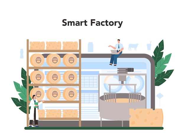 Plataforma o servicio en línea de la industria de producción láctea Productos lácteos naturales para el desayuno Pasteurización láctea fermentación y elaboración de queso Fábrica inteligente en línea Ilustración vectorial plana