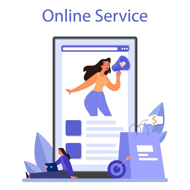 Plataforma o servicio en línea de marketing Concepto de publicidad y marketing Estrategia empresarial y comunicación con un cliente Ilustración de vector plano