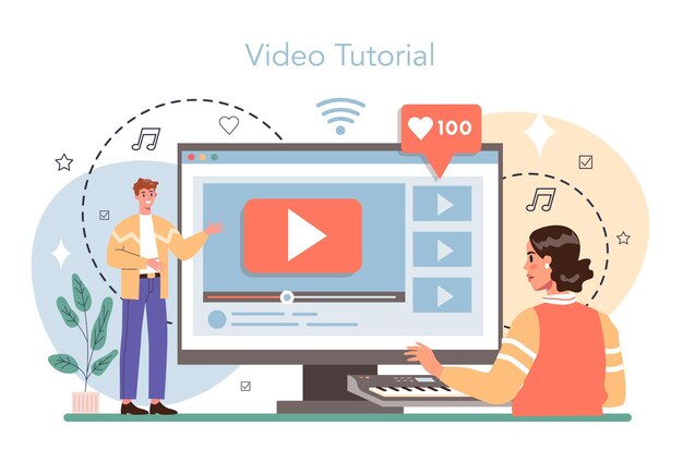 Plataforma o servicio en línea para músicos Artista musical tocando instrumentos Joven intérprete haciendo música con equipo Video tutorial Vector ilustración plana