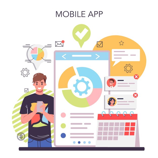 Plataforma o servicio en línea de optimización de procesos Idea de mejora empresarial Organización empresarial eficaz Aplicación móvil Ilustración de vector plano