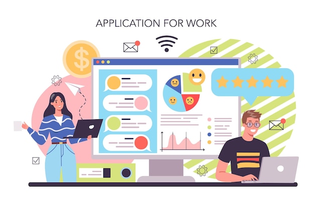 Plataforma o servicio en línea de reputación de la empresa Construir relaciones con las personas y mejorar la lealtad del cliente Aplicación de trabajo Ilustración de vector plano