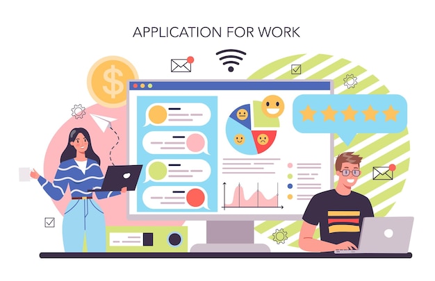 Plataforma o servicio en línea de reputación de la empresa construir relaciones con las personas y mejorar la lealtad del cliente aplicación de trabajo ilustración de vector plano