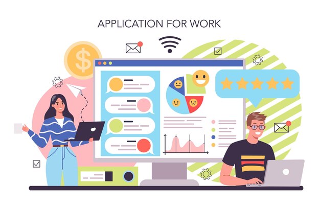 Plataforma o servicio en línea de reputación de la empresa Construir relaciones con las personas y mejorar la lealtad del cliente Aplicación de trabajo Ilustración de vector plano