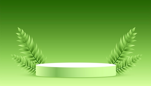 plataforma de pedestal vacía telón de fondo verde para la vitrina del producto con hojas