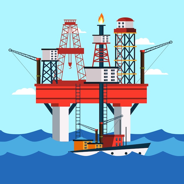 Vector gratuito plataforma de perforación de plataforma oceánica de estación de refinería en alta mar torre de perforación de minería de petróleo en grúas de maquinaria industrial de mar y barco