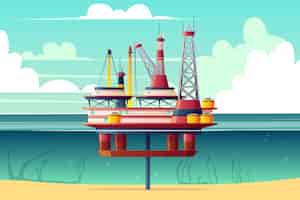 Vector gratuito plataforma petrolífera semisumergible, caricatura de plataforma de perforación en alta mar basada en el mar.