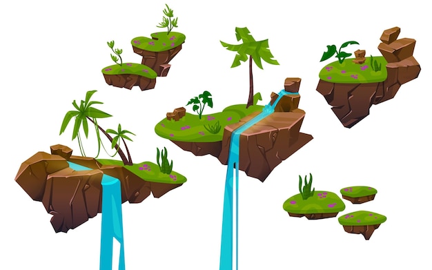 Plataforma de tierra flotante con cascada de árboles de hierba