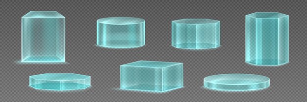 Plataformas de cristal de podios de vidrio 3d para exhibición de productos Soportes transparentes vacíos diferentes formas geométricas Pedestales de plexiglás azul aislado en un conjunto realista de vector de fondo transparente