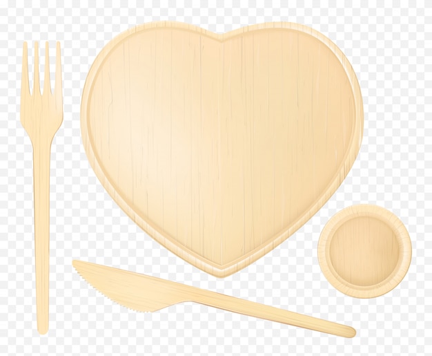 Plato corazón de madera con tenedor, cuchillo y vaso