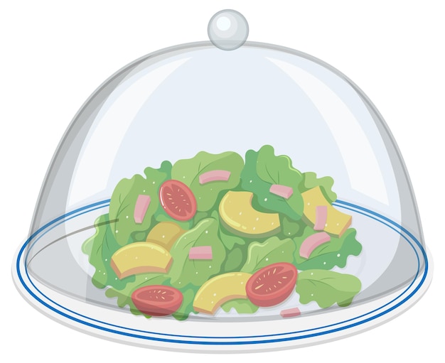 Vector gratuito plato de ensalada verde con tapa de vidrio sobre fondo blanco.