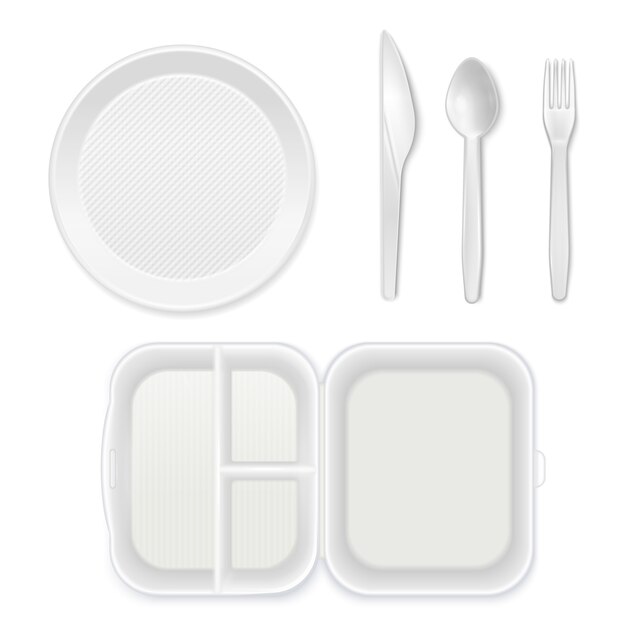 Plato de plástico blanco desechable cubiertos cuchillo tenedor cuchara lonchera vista superior realista vajilla conjunto aislado