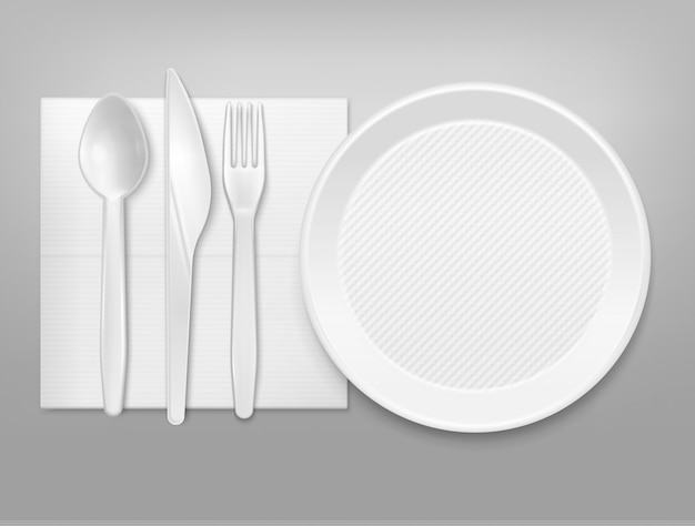 Plato de plástico blanco desechable cubiertos cuchillo tenedor cuchara en servilleta vista superior realista vajilla set ilustración