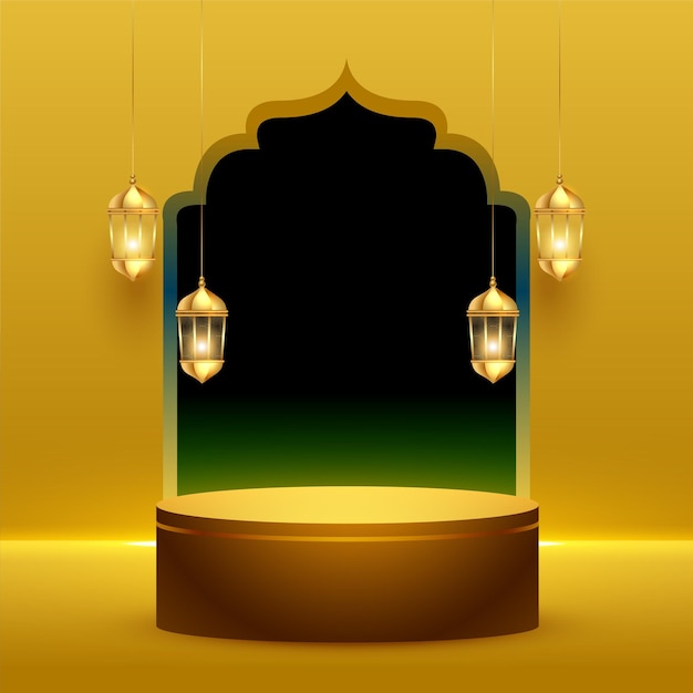 Plato de podio 3d con linterna colgante para el fondo de eid mubarak