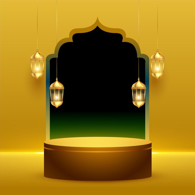 Plato de podio 3d con linterna colgante para el fondo de eid mubarak