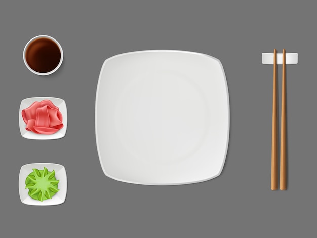 Plato de sushi, salsas en platillos vector realista