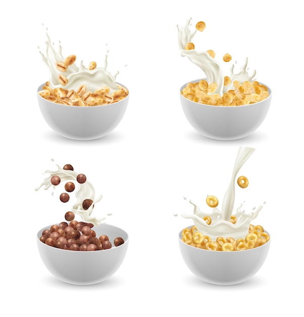 Platos de cereal de desayuno conjunto realista con diferentes gustos ilustración vectorial aislada