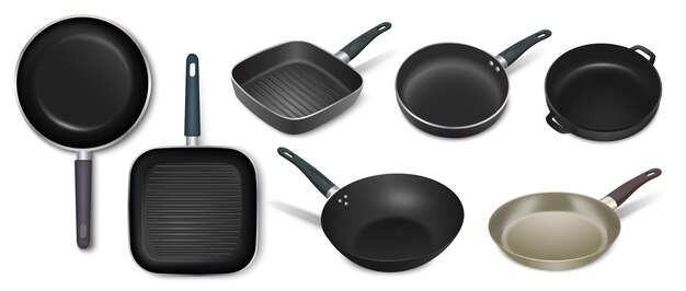 Platos de sartén conjunto realista de artículos de diferentes formas con cuerpo de aluminio fundido y manijas ergonómicas ilustración vectorial aislada
