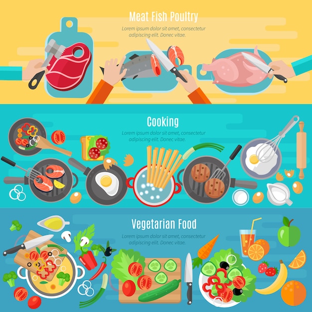 Platos vegetarianos sanos de la dieta y carne aves de corral hogar cocina pancartas planas conjunto