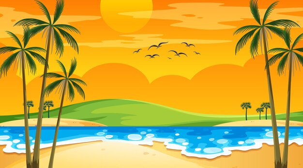 Playa al atardecer escena de paisaje con palmeras.