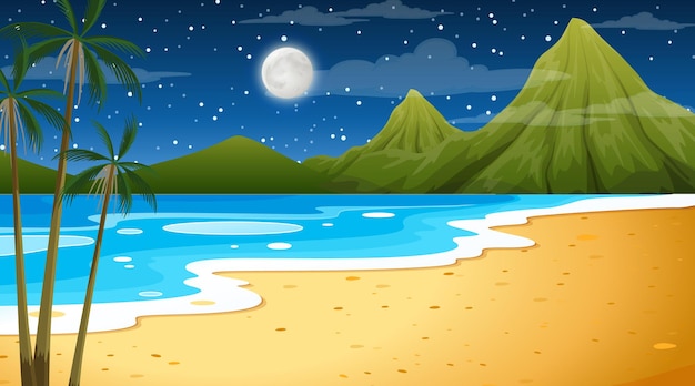 Playa en escena de paisaje nocturno con palmera.