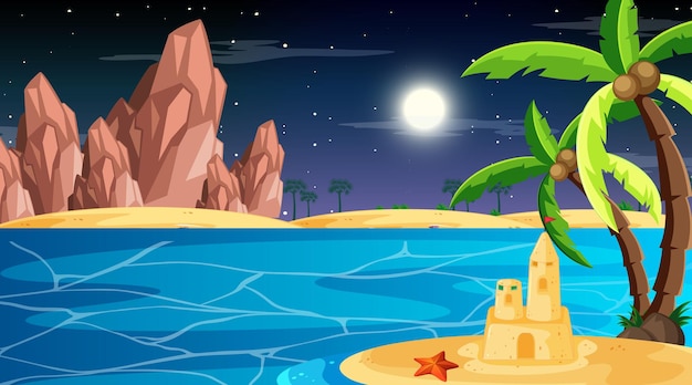 Vector gratuito playa en la escena del paisaje nocturno con palmeras y castillo de arena