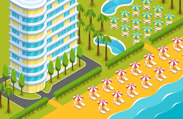 Playa exterior del edificio del hotel de muchos pisos con salones mesas al aire libre árboles tropicales ilustración isométrica