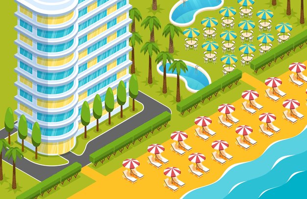 Playa exterior del edificio del hotel de muchos pisos con salones mesas al aire libre árboles tropicales ilustración isométrica