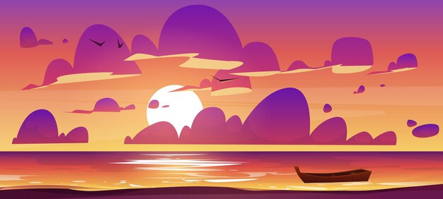 Playa de mar o océano con barco de madera al atardecer. Ilustración de dibujos animados de vector de paisaje marino de noche con orilla de arena, barco en el agua, sol, nubes y pájaros en el cielo naranja y rosa