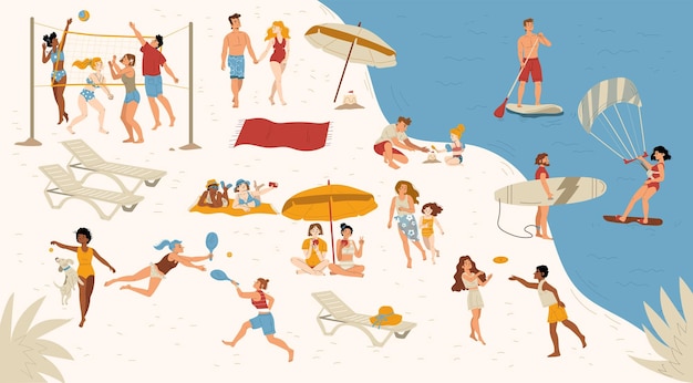 Vector gratuito playa de mar de verano con gente nadando en tableros de juego